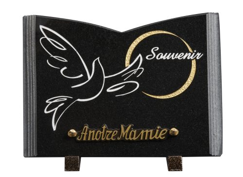 Plaques granit 18x25cm - Forme Livre - Gravure Colombe - Texte "Souvenir"