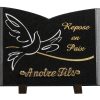 Plaques granit 18x25cm - Forme Livre - Gravure Colombe - Texte "Repose en Paix"