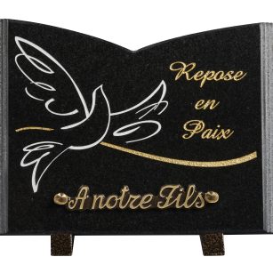 Plaques granit 18x25cm - Forme Livre - Gravure Colombe - Texte "Repose en Paix"
