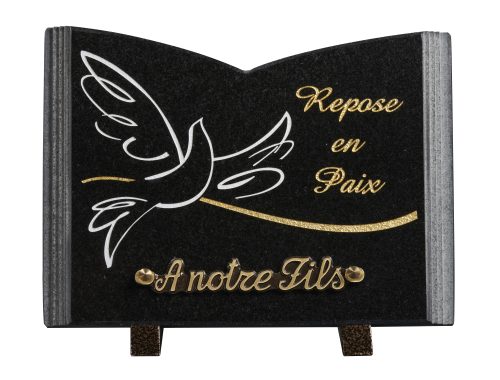 Plaques granit 18x25cm - Forme Livre - Gravure Colombe - Texte "Repose en Paix"