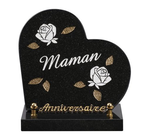Plaques granit 18x18cm - Forme Cœur - Gravure Roses - Texte "Maman"