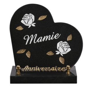 Plaques granit 18x18cm - Forme Cœur - Gravures Roses - Texte "Mamie"