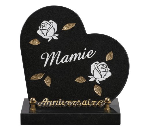 Plaques granit 18x18cm - Forme Cœur - Gravures Roses - Texte "Mamie"