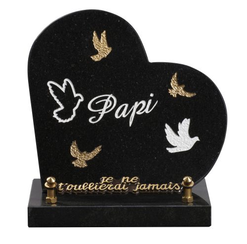 Plaques granit 18x18cm - Forme Cœur - Gravure Colombes - Texte "Papi"