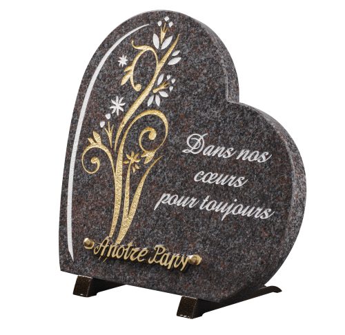 Plaques granit 27x28cm - Forme Cœur - Gravure Fleurs - Texte "Dans nos cœurs pour toujours" – Image 2