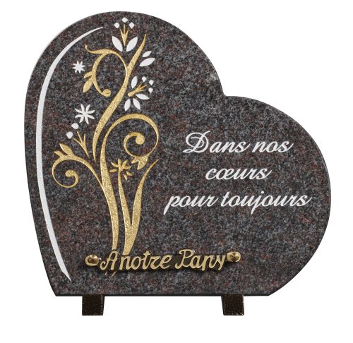 Plaques granit 27x28cm - Forme Cœur - Gravure Fleurs - Texte "Dans nos cœurs pour toujours"