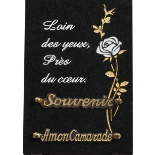 Plaques granit 20x30cm - Forme Cœur - Gravure Rose - Texte "Loin des yeux, près du cœur"