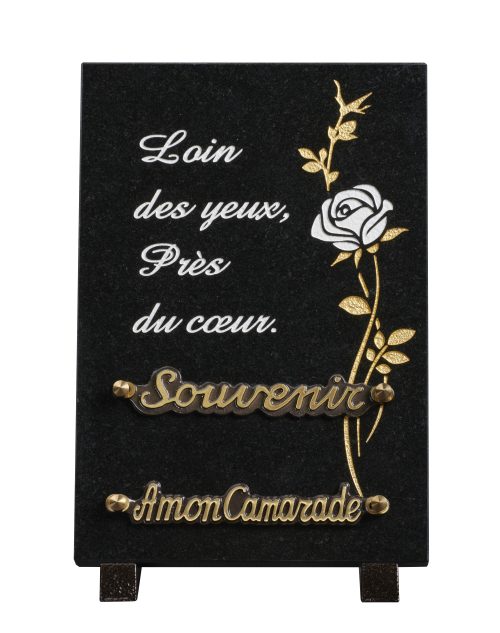 Plaques granit 20x30cm - Forme Cœur - Gravure Rose - Texte "Loin des yeux, près du cœur"