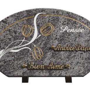 Plaques granit 20x35cm - Forme Galet - Gravure Tulipes - Texte "Pensée"