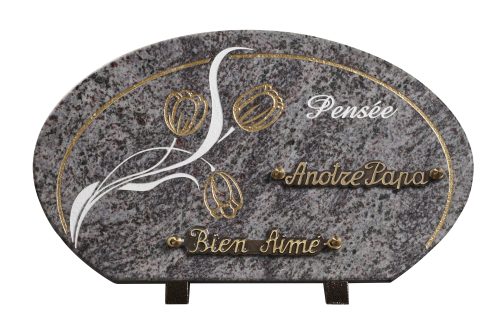 Plaques granit 20x35cm - Forme Galet - Gravure Tulipes - Texte "Pensée"