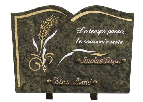Plaques granit 25x35cm - Forme Livre - Gravure épi de blé - Texte "Le temps passe, le souvenir reste"