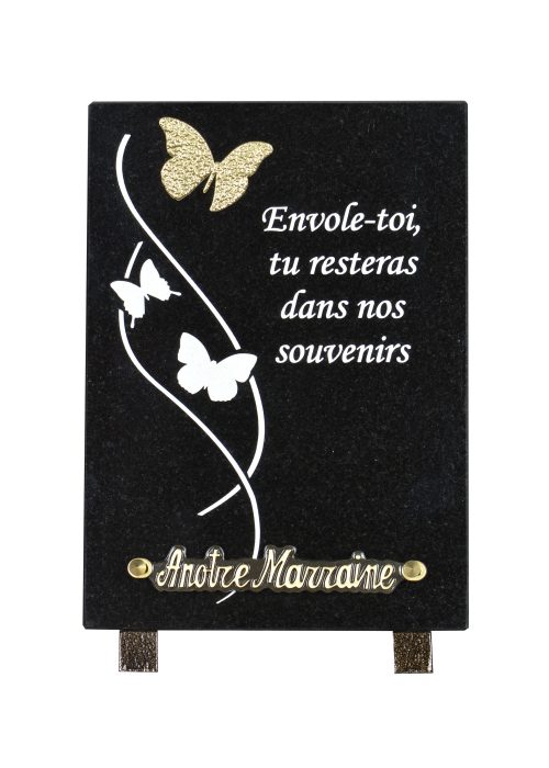 Plaques Granit 25x18cm - Gravure Papillons - Texte "Envole-toi, tu resteras dans nos souvenirs"