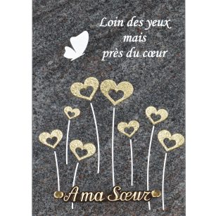 Plaques Granit 30x20cm - Gravure Cœurs et Papillons - Texte "Loin des yeux mais près du cœur"