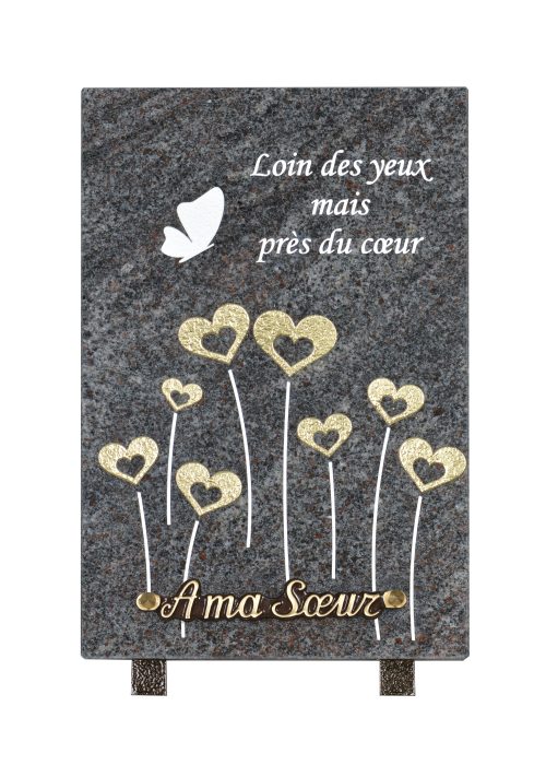 Plaques Granit 30x20cm - Gravure Cœurs et Papillons - Texte "Loin des yeux mais près du cœur"