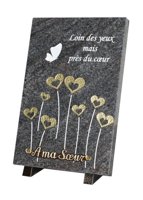Plaques Granit 30x20cm - Gravure Cœurs et Papillons - Texte "Loin des yeux mais près du cœur" – Image 2
