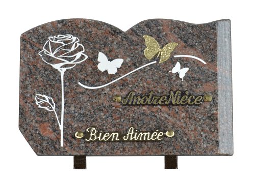 Plaques Granit 20x30cm - Forme Livre - Gravure Rose et Papillons