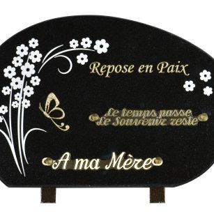 Plaques Granit 20x30cm - Forme Galet - Gravure Fleurs - Texte "Repose en paix"