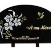 Plaques Granit 20x35cm - Forme Galet - Gravure Fleurs - Bronze Colombe