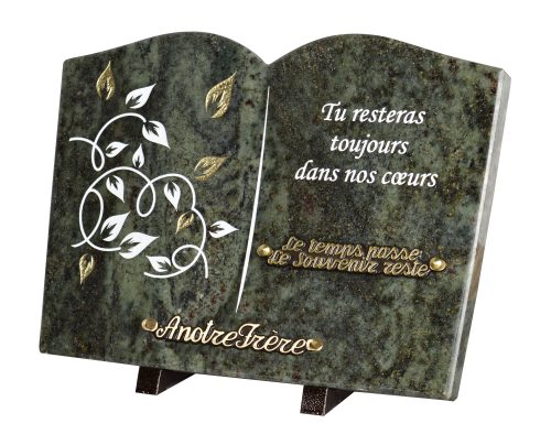 Plaques Granit 25x35cm - Forme Livre - Gravure Feuillage - Texte "Tu resteras toujours dans nos cœurs" – Image 2
