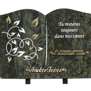 Plaques Granit 25x35cm - Forme Livre - Gravure Feuillage - Texte "Tu resteras toujours dans nos cœurs"