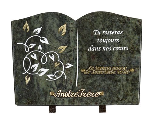 Plaques Granit 25x35cm - Forme Livre - Gravure Feuillage - Texte "Tu resteras toujours dans nos cœurs"