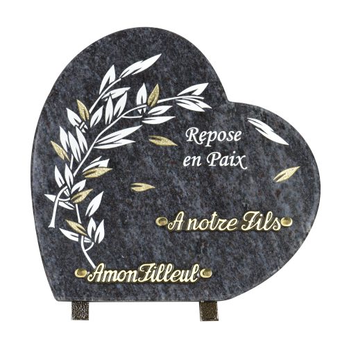 Plaques Granit 30x30cm - Forme Cœur - Gravure Feuillage - Texte "Repose en paix"