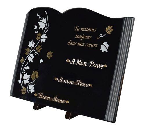 Plaques Granit 30x40cm - Forme Livre - Gravure Feuillage - Texte  "Tu resteras toujours dans nos coeurs" – Image 2