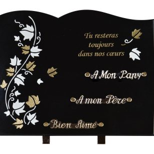 Plaques Granit 30x40cm - Forme Livre - Gravure Feuillage - Texte  "Tu resteras toujours dans nos coeurs"